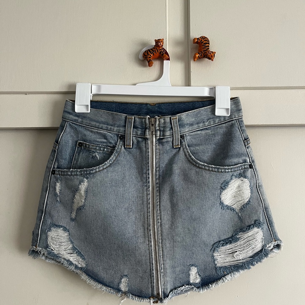 LF Carmar Distressed Denim zipper mini skirt